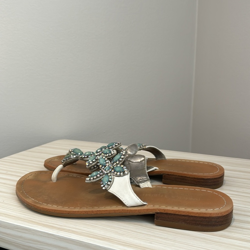 Ivanka Trump Tan Sandals with Aqua Floral Gem Accents - Picture 5 of 9